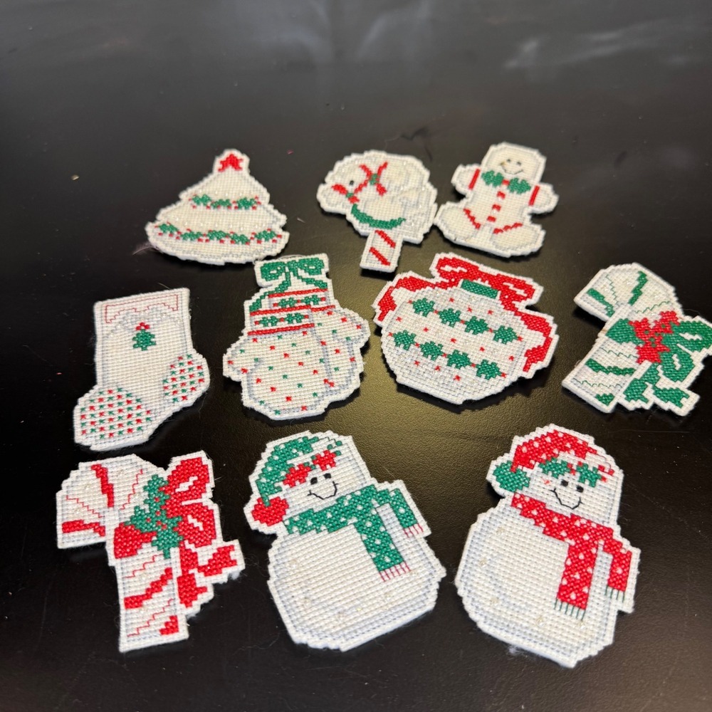 Handmade Christmas Ornaments Set 9pc Red Green White Cross Stitch Plastic Canvas